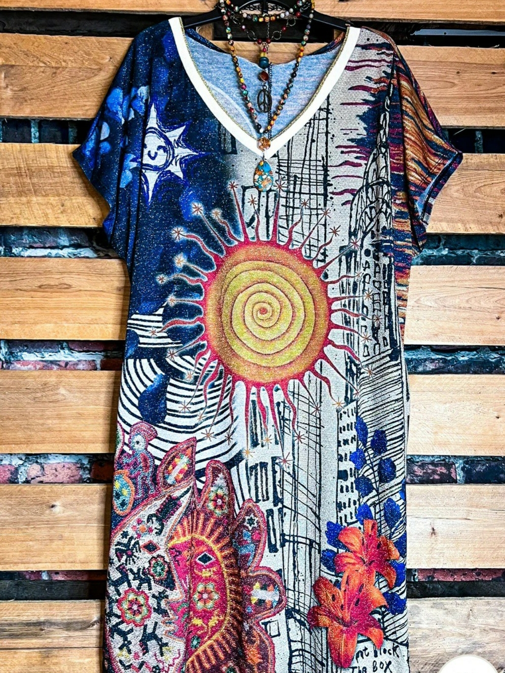 Boho Sun Spiral V-Neck Women's Midi Dress - Multicolor